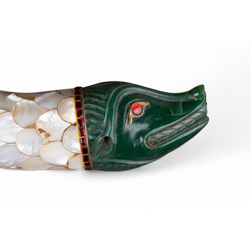 677 - Indian19th centuryA nephrite, mother of pearl, gem set powder flask. In the form of a mythical beast... 