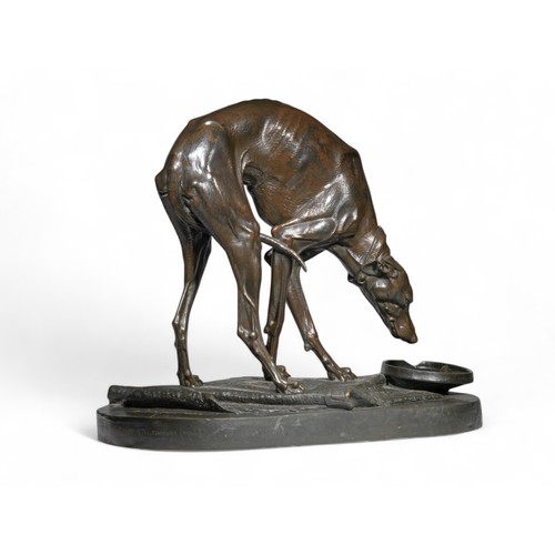 400 - Henri-Alfred-Marie Jacquemart (French, 1824-1896)Whippet drinking from a bowl, life-sizec. 1880Bronz... 