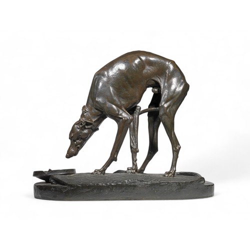 400 - Henri-Alfred-Marie Jacquemart (French, 1824-1896)Whippet drinking from a bowl, life-sizec. 1880Bronz... 