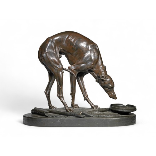 400 - Henri-Alfred-Marie Jacquemart (French, 1824-1896)Whippet drinking from a bowl, life-sizec. 1880Bronz... 