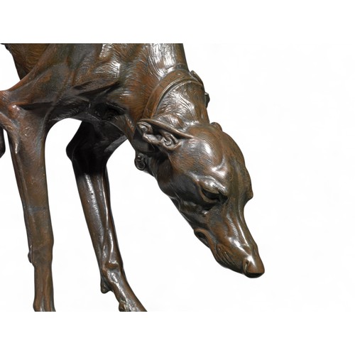 400 - Henri-Alfred-Marie Jacquemart (French, 1824-1896)Whippet drinking from a bowl, life-sizec. 1880Bronz... 