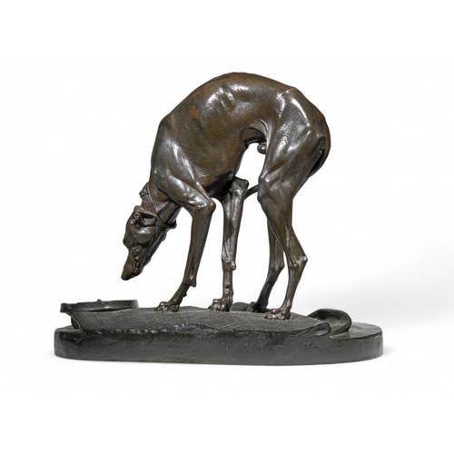 400 - Henri-Alfred-Marie Jacquemart (French, 1824-1896)Whippet drinking from a bowl, life-sizec. 1880Bronz... 