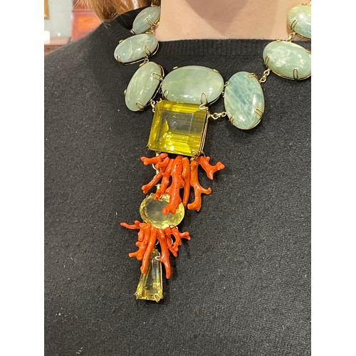 26 - Iradj Moinian impressive olive quartz, smoky quartz, coral and green gemstone necklace