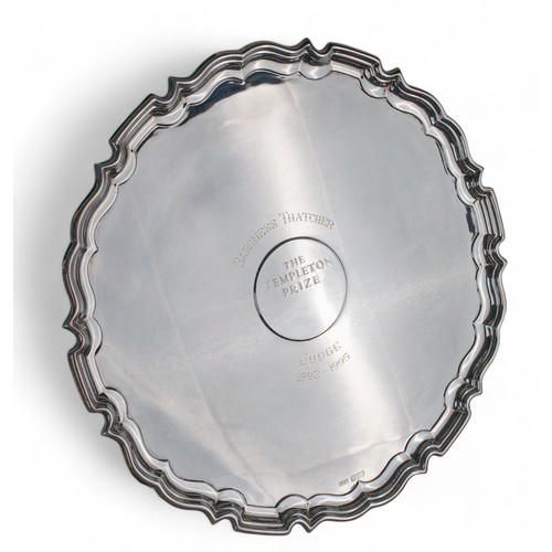 178E - A commemorative Templeton Prize silver dish on scroll feet with pie-crust edge, hallmarked 'I.E.S' D... 