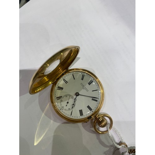 9 - British, Late 19th century,An 18 carat gold half hunter pocket watch with white enamel dial and blac... 