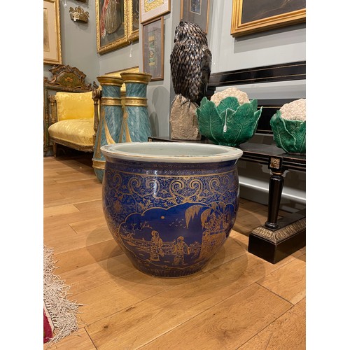 310 - Large Chinese Export blue and gilt jardiniere with courtly scenesProperty of a gentlemanFrom the col... 