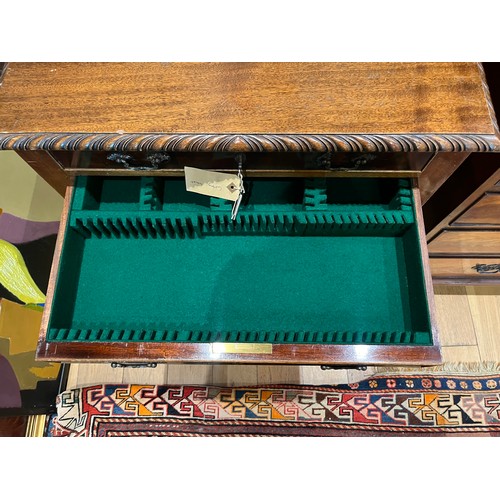 175 - Georgian styleA mahogany cutlery canteen, three drawers on four legs, with handwritten label inscrib... 