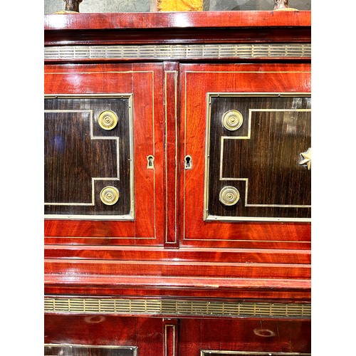 227 - Russianc.1820-40A brass mounted mahogany and ebony desk, with decorative inlaid wood panels with gil... 