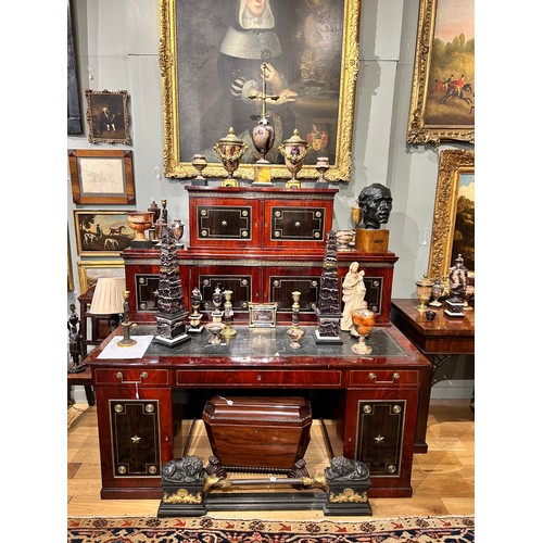 227 - Russianc.1820-40A brass mounted mahogany and ebony desk, with decorative inlaid wood panels with gil... 