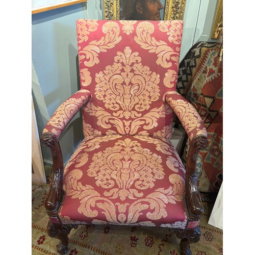 178V - George III styleA pair of mahogany armchairs on cabriole legs with down-curved arms and damask uphol... 