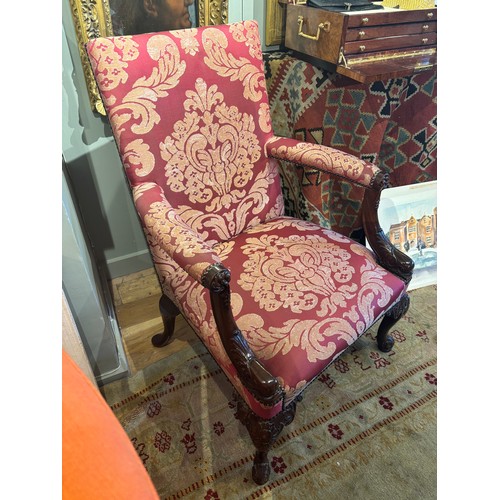 178V - George III styleA pair of mahogany armchairs on cabriole legs with down-curved arms and damask uphol... 