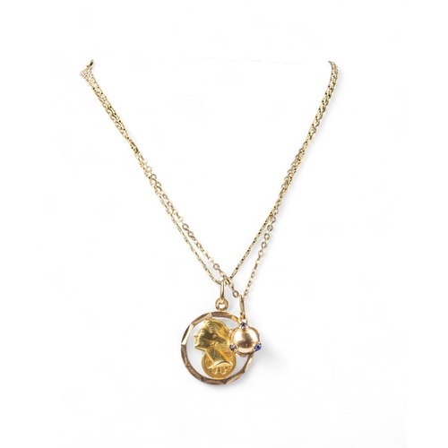 10 - Continental, 1960sA blue glass and gold spherical pendant on a gold chain, and another gold medallio... 