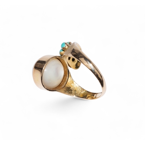 13 - Circa 1970s, A yellow gold turquoise and mabe pearl serpent dress ring, size N.Total approx. weight:... 