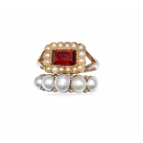 39 - 19th centuryA split pearl and rose cut diamond five stone ring mounted in yellow gold, size O.Togeth... 