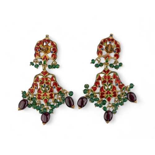 40 - Jaipur Indian, Circa 1980sAn attractive pair of flat-cut diamond, enamel and emerald pendant earring... 