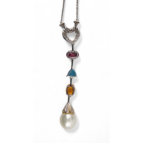 51 - ContemporaryA multi gem set pendant necklace, set with citrine, topaz, and tourmaline, with a cultur... 