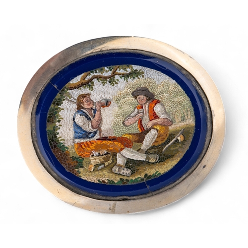 56 - Early 19th centuryA fine micro mosaic oval plaque with two men drinking in a woodland setting, (af).... 