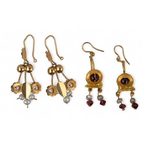 60 - AncientA pair of gold garnet and pearl ear pendants.Together with a pair of 20th century gold and pe... 