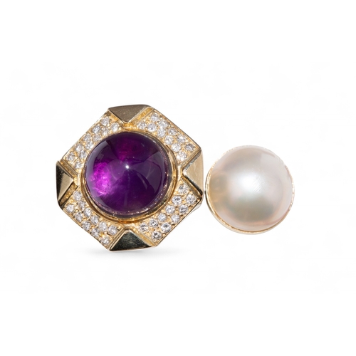 63 - Circa 1990sA diamond amethyst mabe pearl and yellow gold dress ring. The central cabochon amethyst r... 