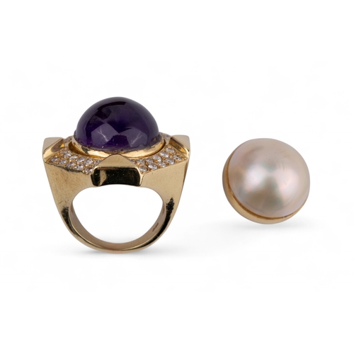 63 - Circa 1990sA diamond amethyst mabe pearl and yellow gold dress ring. The central cabochon amethyst r... 