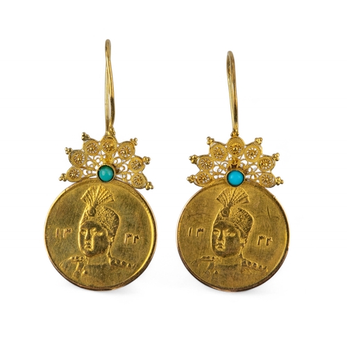 64 - PersianA pair of gold and turquoise pendant earrings.Weight:Approx. 5.13 g.... 