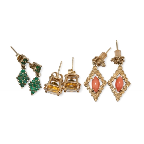 71 - 1990sThree pairs of gem set earrings.To include[a] A pair of 14 k gold and coral ear pendants[b] A p... 