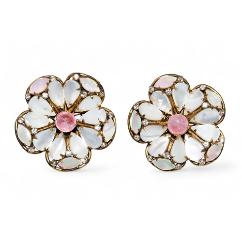 72 - Iradj Moini, ContemporaryAn attractive pair of mother of pearl pink and colourless paste flower clus... 