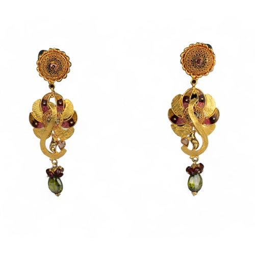 77 - Indian, ContemporaryA pair of gem-set yellow gold pendant earrings of foliate leaf design.Enamelled ... 