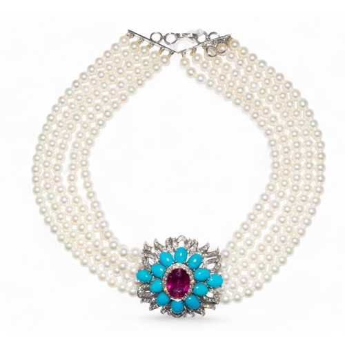 78 - ContinentalAn impressive five row cultured pearl, diamond, turquoise and red tourmaline choker neckl... 