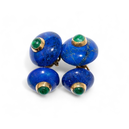 81 - A pair of lapis lazuli gold and emerald cufflinks.