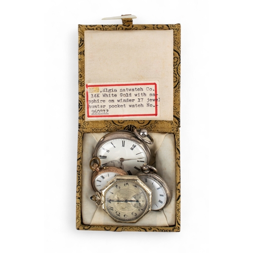 83 - A mixed lot of four watchesTo include:[a] Circa 1910, A fourteen carat white gold Elgin pocket watch... 