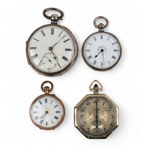 83 - A mixed lot of four watchesTo include:[a] Circa 1910, A fourteen carat white gold Elgin pocket watch... 