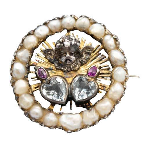 97 - Continental, 19th centuryA pretty love token brooch set to the centre with a winged cherub and two h... 