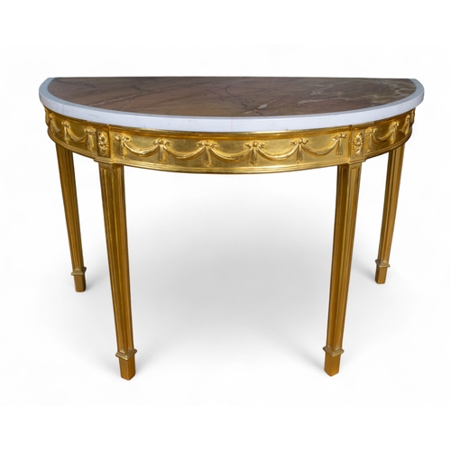 234 - British, 19th centuryA pair of Adam style gilt-wood demi-lune side tables with later marble topsProv... 