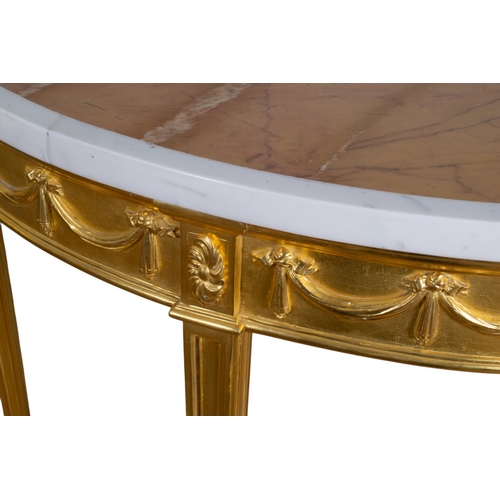 234 - British, 19th centuryA pair of Adam style gilt-wood demi-lune side tables with later marble topsProv... 