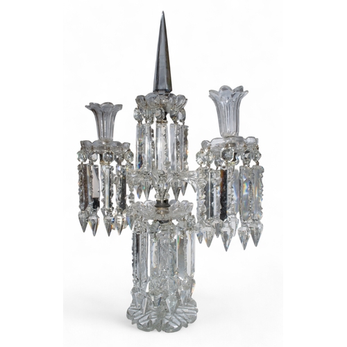 245 - An antique pair of two branch crystal candelabra in Baccarat style. The lobed bobèches with h... 