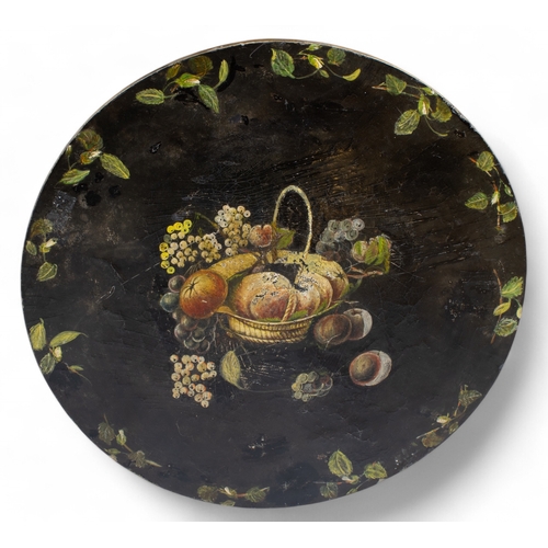 292A - AntiqueA lacquered and gilded occasional table with fruit and basket decorations painted to top Dime... 