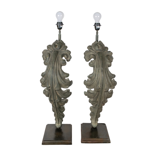 297 - ContemporaryA pair of large metal lamps with scrolling acanthus leafTo be sold without reserveDimens... 