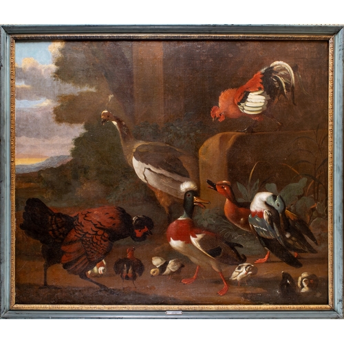 346 - Circle of Melchior d'Hondecoeter (Dutch, 1636-1695)Fowl and pea hen in a landscapeOil on canvasWith ... 