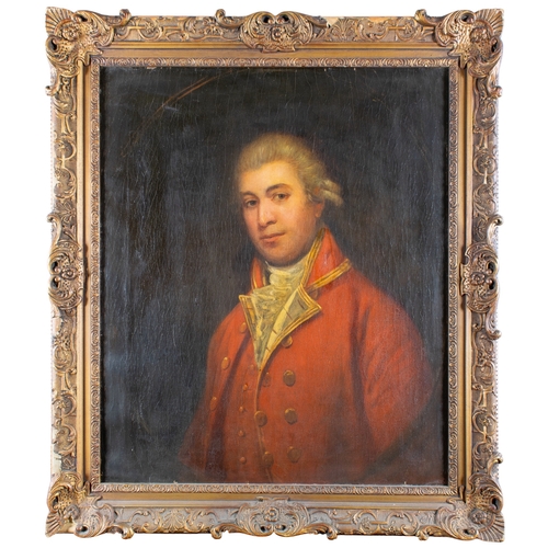 402 - Circle of Thomas Gainsborough (British, 1727-1788)Portrait of a gentleman in a red coat, in a f... 