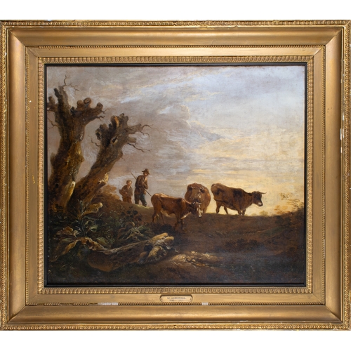 416 - Thomas Barker of Bath (English, 1769-1847)Herdsmen and CattleOil on canvasWith an old inventory labe... 