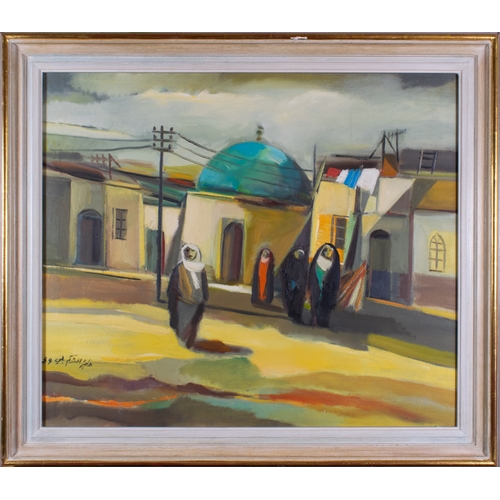 570 - Khadr Elshoukragy (?) (Iraqi, 20th century)The Village1989Oil on canvasSigned and dated lower leftSi... 