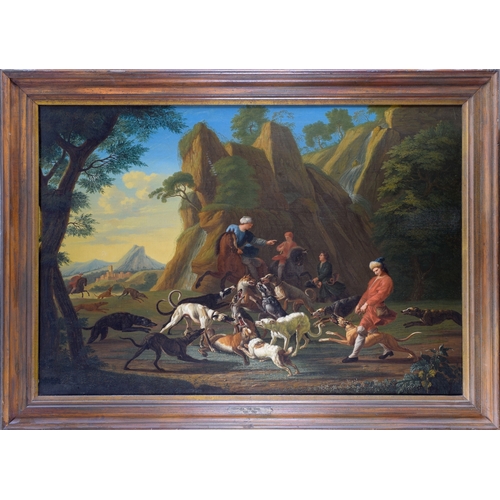 377 - Jan van Gool (Dutch, 1685-1763)An Arabic hunting sceneOil on canvasWith an old auction chalk mark ve... 