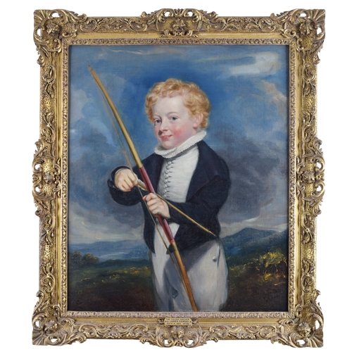 398 - James Ramsay (British, 1789-1854)The young archerc. 1825Oil on canvasWith an old auction stencil mar... 