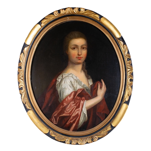 408 - British school19th centuryPortrait of a young girl with a red shawlOil on canvas, in an oval frameDi... 