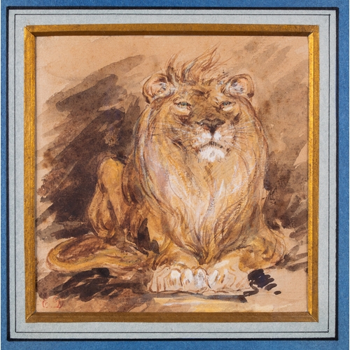 444 - Eugène Delacroix (French, 1798-1863)A Study of a LionWatercolour and brown ink on paperMonogrammed '... 