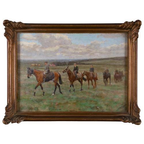 475 - F. M. Hollams (British, 1877-1963)Warren Hill, Newmarket, Horses going to exercise Oil on Panel... 