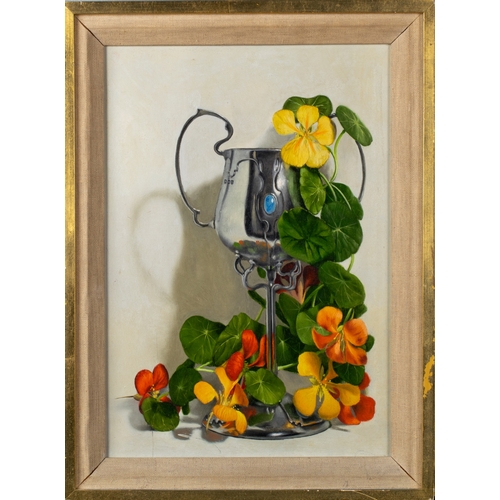 496 - Martin Battersby (British, 1914–1982)A still life with nasturtium and Art Nouveau chaliceOil on canv... 