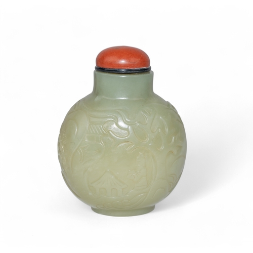 517 - Chinese, 18th/19th centuryA fine mutton fat coloured jade bombé snuff bottle, carved with fig... 