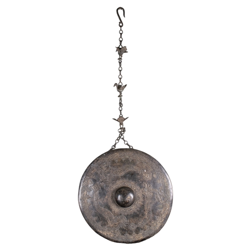 526 - Chinese (?)19th century A bronze gong, decorated with bands of foliate scrolls in low reliefDim... 